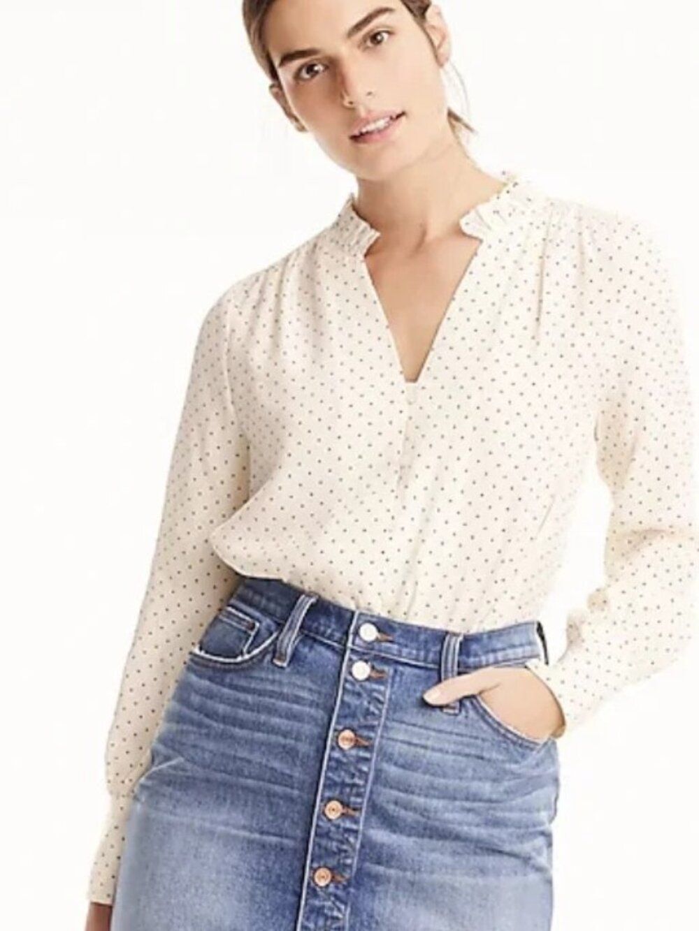 J.Crew Silk ruffle-neck blouse in dot-J0273 NWOT SUNDRIED LINEN M$148 - Picture 1 of 3